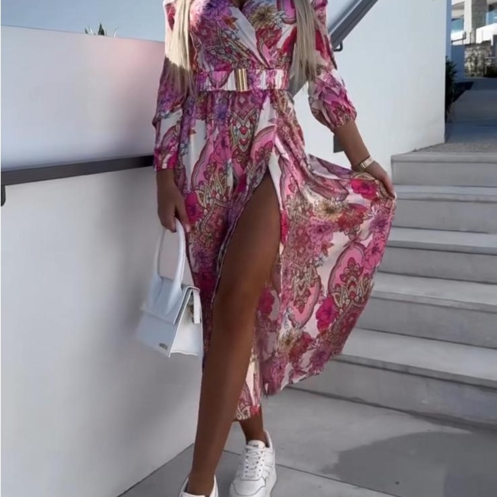 Brand New Pink Summer Paisley Midi Dress with Belt (Brand New)